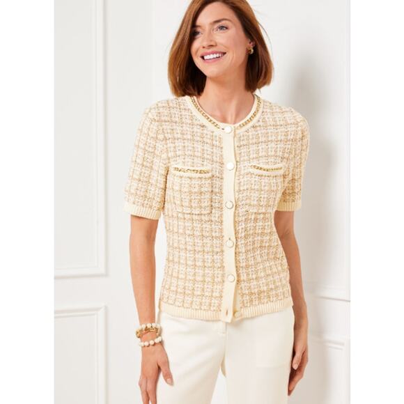 Talbots Short Sleeve Chain Trim Jacquard Cardigan Gold Ivory Size Small Petite - Picture 1 of 8